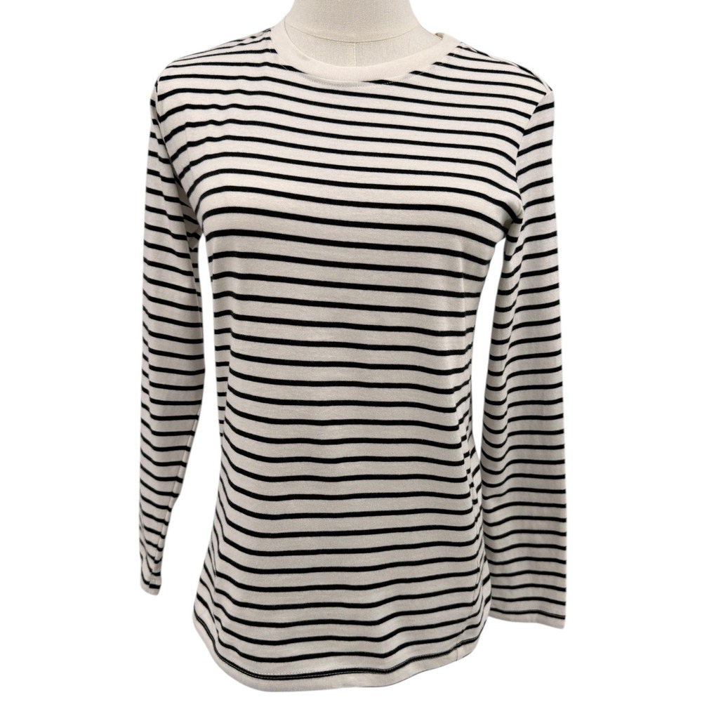New Quince Womens Striped Long Sleeve Crew Neck Tee White Black Size 12 - Picture 2 of 6